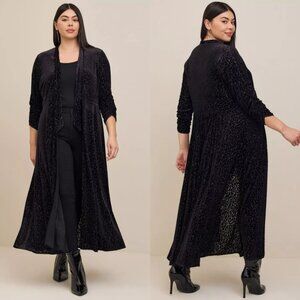 Torrid 2 Black Animal Print Mesh Burn Out Maxi Kimono W/ Neck Tie 2X 18 20